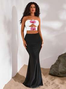 Opulessa Women's Sexy Hollow Out Floral Decor Cropped Bandeau Top, Holiday Wear White Tube Top Flower Tube Top Orchid Tube Top White Bandeau Top - White - View 4