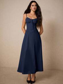 Poéselle Váy suông buộc nơ phía trước thanh lịch màu trơn cho nữ, mùa hè - Màu xanh hải quân - Xem 3