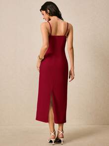 Poéselle 女士优雅 3D 花卉装饰细肩带连衣裙，夏季 - 酒紅色 - 查看 4