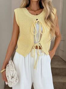 Easowa 秋季女装 奶油黄色针织背心，可双面穿，后系带 黄色针织上衣 女式针织上衣 浅黄色针织上衣 可爱黄色上衣 夏季针织上衣 返校 秋季女式毛衣 秋季毛衣 女式毛衣 针织毛衣 可爱上衣 学校 冬季上衣