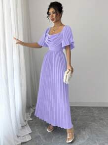 Elenzga New Design Women's Plunging Neck Short Sleeve Heavily Ruffled Back Elegant Dress, Wedding Party Lightweight Dress With Anti-Slip Collar, Flattering & Versatile