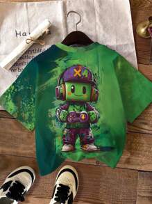 SHEIN Tween Boys Casual Creative Cartoon Colorful Game Console Block Person Pattern Printed Basic Short Sleeve T-Shirt Boys Tshirt Green Anime Shirt For Boys Graphic Tees For Boys Green Tshirt Summer Holiday - Multicolor - View 2