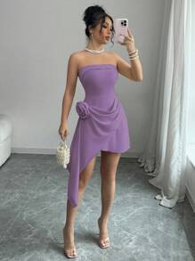 Elenzga 杏色露肩束腰 A 字型花卉优雅浪漫女士连衣裙，适合情人节穿着 - 淡紫色 - 查看 6