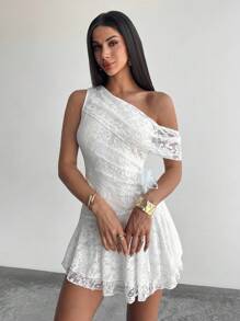 Firerie Asymmetrical Neck Cinched Waist Romantic Floral A-Line Lace White Mini Dress, Elegant For Dates, Parties, Vacations - White - View 6