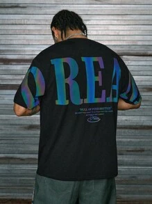 AXEPEAK Loose Fit Men Cotton Reflective Letter Graphic T-Shirt - Black - View 2