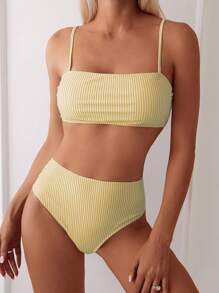Swim Vcay Women Vacation Casual Sexy Random Stripe Print Bandeau Top And High Waist Bikini Bottoms Set, Spring/Summer