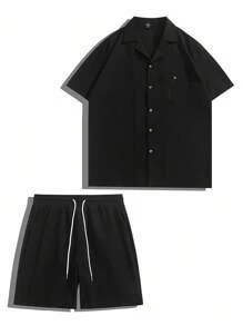 Manfinity Homme Men's Simple Solid Color Short Sleeve Shirt And Drawstring Waist Shorts Set, Summer Casual Men Two Piece Casual Short Sets Men S Co Ord Set Short Europe Summer Outfits For Men Set