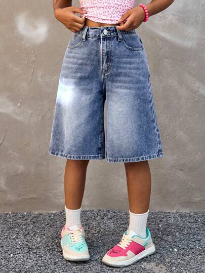 Coolane Kids Shorts in jeans larghi con multi-tasche e bottoni sul davanti per ragazze pre-adolescenti, shorts in jeans casual per tutti i giorni, streetwear Y2K e grunge per il ritorno a scuola in autunno