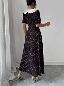 Modelyn 法式彼得潘领泡泡袖束腰碎花雪纺休闲夏装 - 黑色 - 查看 2