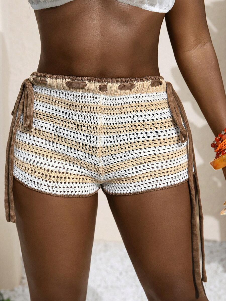 Slaydiva 2025 Summer New Casual Vacation Hot Girl Wool Striped Contrast Color Side Straps Women Sweater Shorts,Suitable For Daily Outings, Holiday Party, Music Festivals, Travel, Graduation, Friends Gatherings, Birthday Parties, Beach, Airport, Vacation, Boho, Back To School, Sexy Clubs-A - Multicolor - View 1