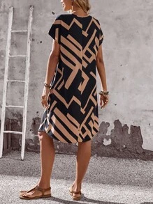 EMERY ROSE 女式几何印花V领蝙蝠袖短袖休闲中长连衣裙（夏季）