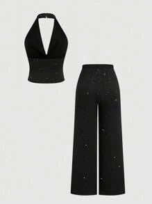 Sweetra 加大码纯色优雅性感宽松休闲露背无袖上衣和长裤两件套 - 黑色 - 查看 2