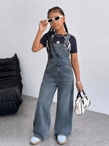 Tween Girls Y2K Fashionable Casual Versatile Solid Color Retro Washed Suspender Pants Casual Wide Leg Jumpsuit Sleeveless Denim Overalls Romper Without Tee,Girls Spring Summer Break Outfits, Summer Concert Rave Festival Baggy Shorts Streetwear Outfits,Back To School Outfits