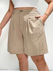 SHEIN Essnce Plus Size Moda Feminina Roupas de Verão Para Mulheres Roupas de Praia Para Mulheres Negócios Casual Mulher Roupas de Trabalho Mulheres Calças Largas Shorts de Cintura Alta Casual Deslocamento Férias Calças de Bolso Cáqui 5 Pontos, Calças de Linho Shorts Para Mulheres Calças Fluídas