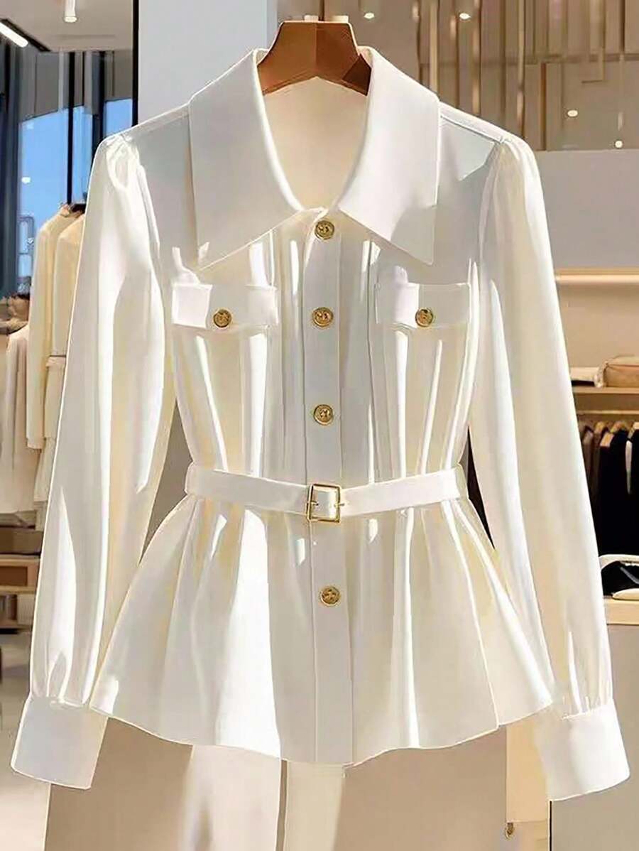 GlowEve Áo sơ mi dài tay cài nút thường ngày cho nữ, phong cách đơn giản khi đi làm - trắng - Xem 1