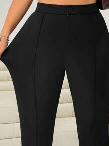 SHEIN EZwear 大码女式纽扣装饰牙签图案休闲黑色长裤