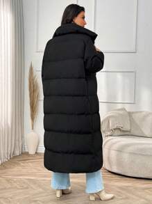 EURMUSE Plus Size Zip Up Drawstring High Collar Long Fit Solid Color Winter Coat - Black - View 2