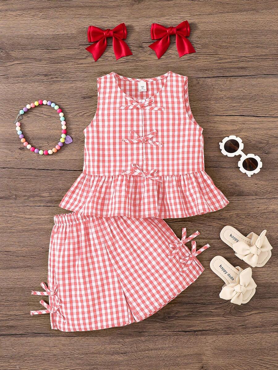 SHEIN 2pcs Young Girl Woven Plaid Sleeveless Top And Shorts Set - Pink - View 1