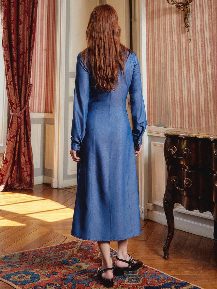 Maxi Blue Shirt Dress With Gold Button Front Opening Office Dress Teacher Dress Business Casual Dress Spring Summer Dress
