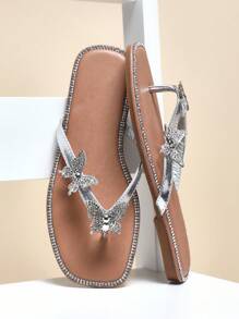 Mini mi Girls' Square Toe Crystal Embellished Midsole Rhinestone Butterfly Silver Thong Sandals – Glam & Cute Perfect From Beach To Pool - Silver - View 5