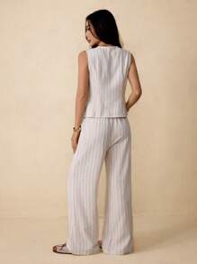 SHEIN PETITE Women's Striped Tie Front Vest And Pant Casual Suit Set