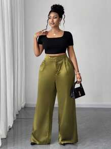 Maweii Plus Size Women High Waist Solid Color Pleated Wide Leg Loose Pants - Green - View 6