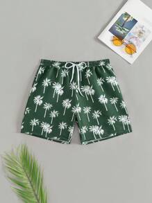 男士绿色背景椰子树印花梭织面料沙滩短裤，夏季，夏威夷风 - 彩色 - 查看 3