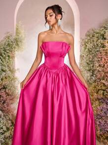 Glamrae Váy Bandeau cổ điển màu hồng cánh sen sang trọng thanh lịch với chân váy dài Maxi xếp nếp, thích hợp cho các buổi hẹn hò, tiệc độc thân, những dịp trang trọng, vũ hội, tiệc cocktail, váy dạ hội (cho công việc nặng nhọc) - Màu Hồng Tươi - Xem 1