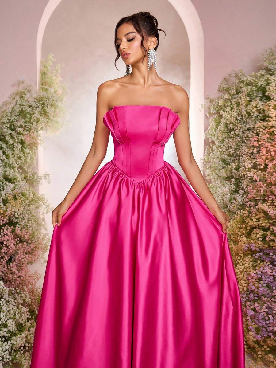 Glamrae Váy Bandeau cổ điển màu hồng cánh sen sang trọng thanh lịch với chân váy dài Maxi xếp nếp, thích hợp cho các buổi hẹn hò, tiệc độc thân, những dịp trang trọng, vũ hội, tiệc cocktail, váy dạ hội (cho công việc nặng nhọc) - Màu Hồng Tươi - Xem 1