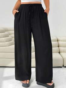 Solflare Plus Size Black Casual Loose Pants - Pink - View 2