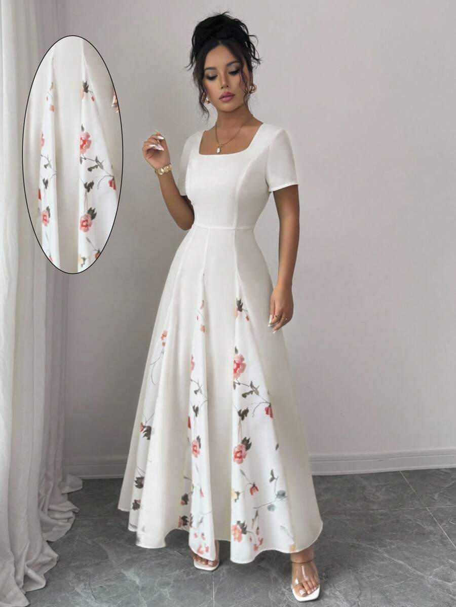 Elenzga Váy mùa hè chữ A tay ngắn in họa tiết chắp vá thanh lịch cho nữ, thích hợp cho kỳ nghỉ và đi làm - Nhiều màu - Xem 1