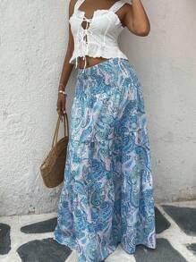 SHEIN Tall Women's Bohemian Printed Long Skirt, Casual Vacation & Everyday Wear, Spring/Summer - Blue - View 5