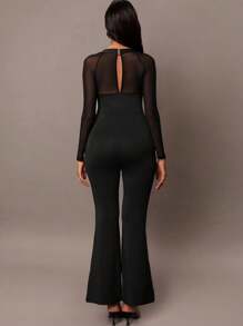 MaterniChic Autumn And Winter Maternity Solid Color Mesh Patchwork Slim Jumpsuit - Black - View 2