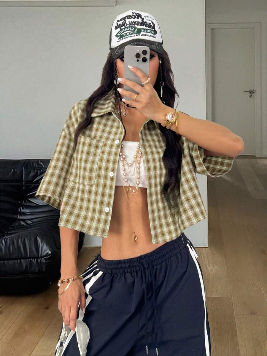 Coolane Women's Spring/Summer Vintage Preppy Crop Plaid Loose Crop Tops Red Shirt For New Years