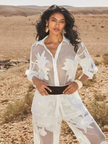 Anewsta 2pcs Set French Romantic White Hollow Embroidery Floral Casual Outfit - White - View 7