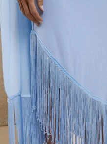 COSMINA Women's Solid Color Ruched Fringed Hem Dress, Elegant Long Dress