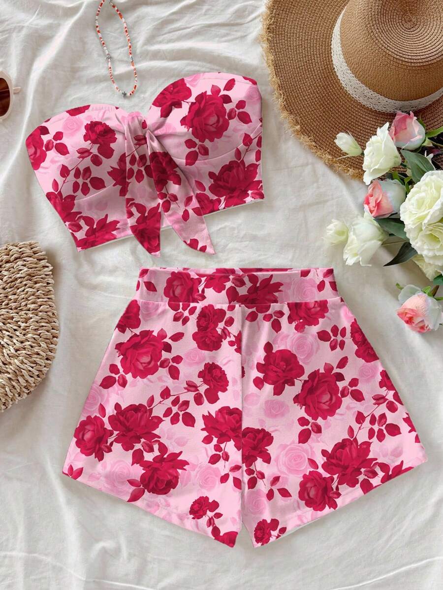 Soleia 2pcs Women Floral Print Halter Top And Shorts Set, Vacation Floral 2 Pieces Set Summer Two Pieces Sets Suitable For Going Out - Pink - View 1