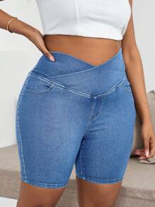 SHEIN SXY Plus Size Women's Stretch Denim Shorts, Casual Skinny Fit , Casual Denim Knitted Stretch Short Leggings , Super Short Cycling Shorts, Casual Daily Wear , Yoga Sports , High Waist Crossed Design Skinny