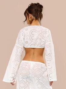 MUSERA 深V领刺绣长款宽袖系带露脐上衣罩衫，适合游泳、海滩度假、节日、休闲、优雅、性感，适合外出、托斯卡纳阳光派对、情人节、春夏等场合。 - 白色 - 查看 4