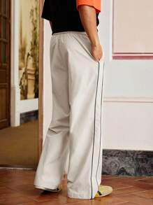SWAVVY Men's Casual Versatile Drawstring Waist Striped Pants - Beige - View 2