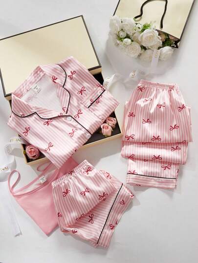 4 piezas Conjunto informal de top sin mangas con estampado de moño y rayas, cárdigan de manga corta, pantalones cortos y largos para adolescentes. Pijama a rayas, pijama de seda a rayas, pijama de seda rosa con moños, moda de vuelta al colegio