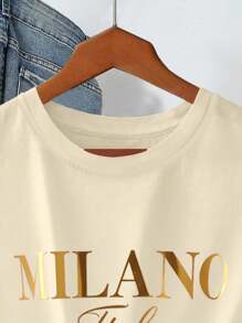 Plus Size Women Round Neck T-Shirt, Fashionable For Summer - Khaki - View 4