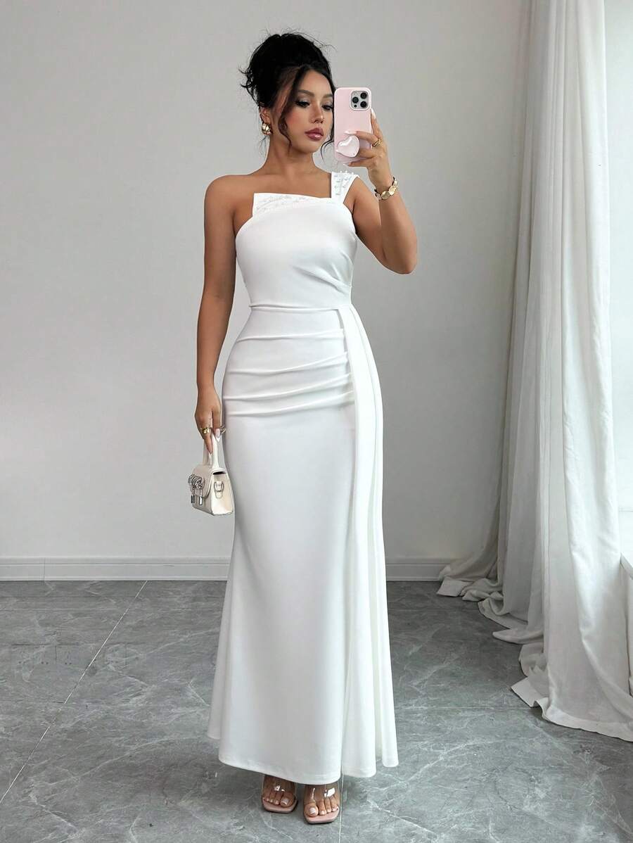 Rafferiza Women's One Shoulder Beaded Ruched Waist Fishtail Hem Dress All White Summer Dress - White - View 1
