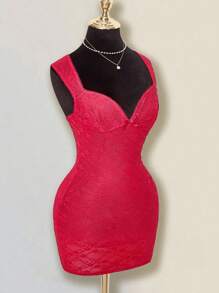 SHEIN ICON Vestido corto casual de vacaciones de puro color beige para damas, con ajuste ceñido, escote en V profundo, semi-transparente y de encaje - Beis - Ver 6