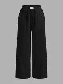 SHEIN EZwear 2件套夏季新款水洗棉条纹宽松裤 - 黑色 - 查看 9