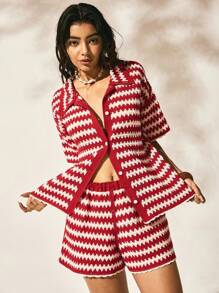 Easelle Bộ 2 áo len cardigan sọc thường ngày cho nữ đi nghỉ mát và quần short - Nhiều màu - Xem 4