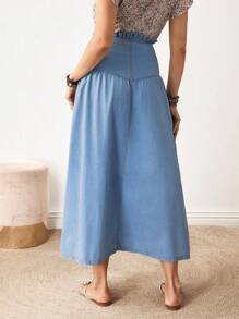 EMERY ROSE Women's Casual Paper Bag Waist Single Breasted Open Front Denim A-Line Skirt - Blue - View 2