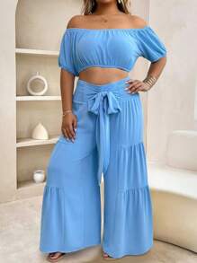 EMERY ROSE 2pcs/Set Plus Size Women Blue Off-Shoulder Casual Shirt And Tie Waist Pants - Blue - View 3