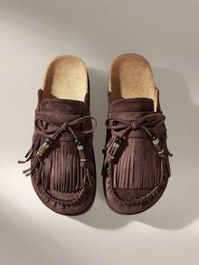 Solecia Giày lười đế dày mũi tròn đế bằng tua rua thường ngày cho nữ, màu cà phê - Cà phê nâu - Xem 6