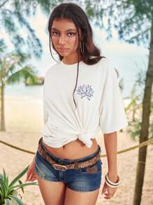 ROMWE The White Lotus 女士夏季休闲字母花卉印花圆领短袖T恤 - 米色 - 查看 5